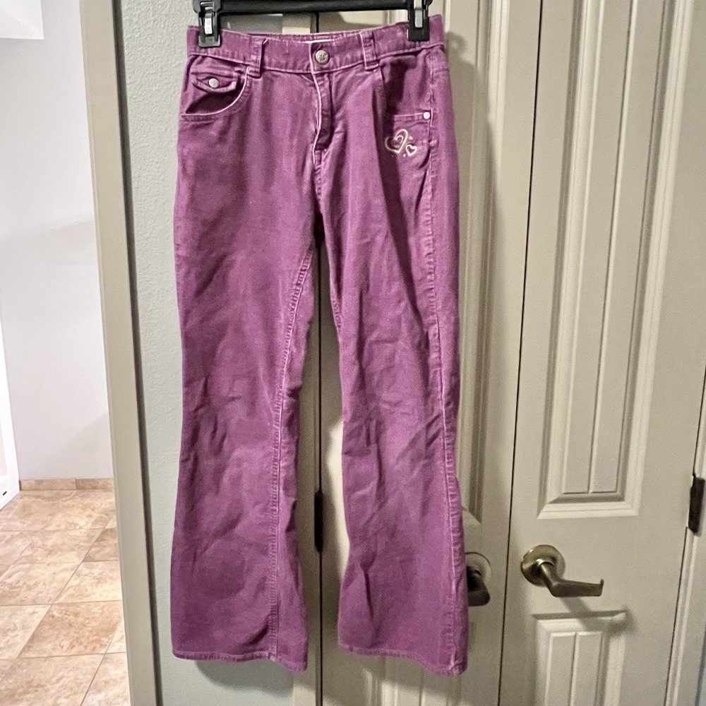 OshKosh Girls Sz 14 Purple Corduroy Pants ADJUSTABLE Waist Flare Leg Hearts VGC